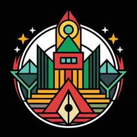 A colorful logo with a building in the center vector