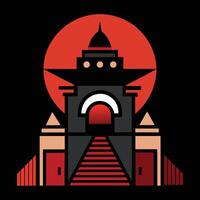 A red and black logo with a temple in the background vector