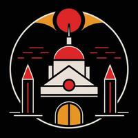 A church with a red and orange sun in the background vector