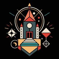 A castle with a clock and other symbols vector