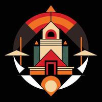 A colorful illustration of a building with a sun and a triangle vector