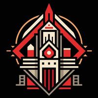 A red and black logo with a building in the center vector