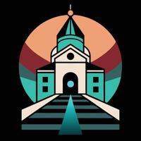A church with a steeple and a clock on it vector