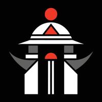 A black and white logo with a red and white tower vector