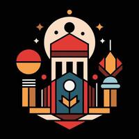 A colorful illustration of a building with a clock and stars vector