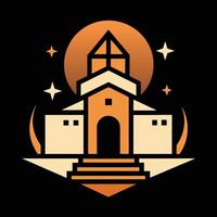A church with a tower and a moon in the background vector