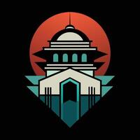 The logo for a building with a red sun in the background vector