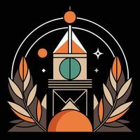 A clock tower with leaves and a sun vector