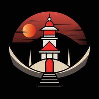 A red and white lighthouse with a red sun in the background vector