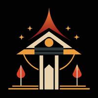 A building with a clock and a tree vector