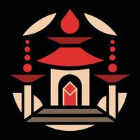 A red and black logo with a pagoda vector
