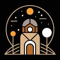 A building with a clock on it in the middle of a dark background vector