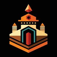 A colorful logo for a building with a pyramid on top vector