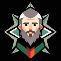 A cartoon man with a beard and green and red star vector