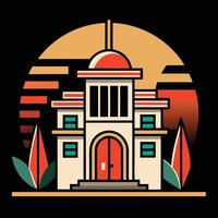 A building with a red door and a clock on it vector