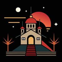 A church with a red roof and a moon in the background vector