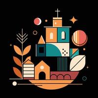 A church and other buildings are in a flat style vector