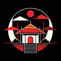 A red and black logo with a house and a sun vector