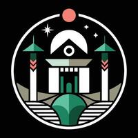 The logo for a building with a clock and a moon vector