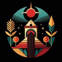 A colorful illustration of a building with a sun and trees vector