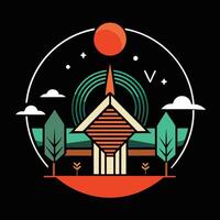 A church with a red roof and trees in the background vector