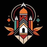A colorful logo with a castle and a tree vector