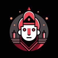 A red and black logo with a man in a hat vector