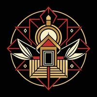 A logo for a house with a red and gold design vector