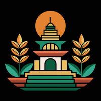An illustration of a temple with a sun in the background vector