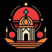 A logo for a building with a red sun in the background vector