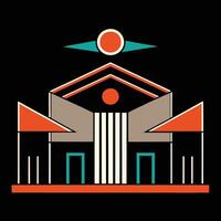 A building with a sun on top and a red and orange color scheme vector