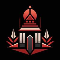 A red and black logo with a building vector