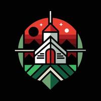 A church with a red roof and mountains in the background vector