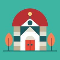 A church building with a red roof and a tree in front vector