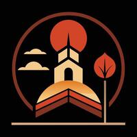 A church with a tower and a sun in the background vector