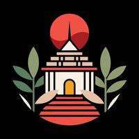 A temple with a red sun in the background vector