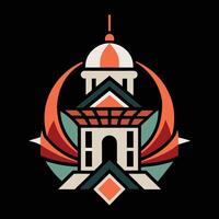 A logo for a building with a clock on top vector