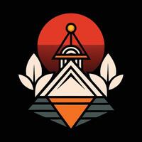 A logo with a pyramid and sun in the background vector