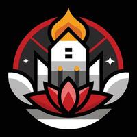 A red and black logo with a house and a lotus flower vector
