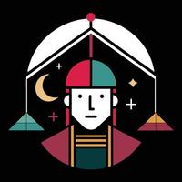A man with a hat and a crescent moon in the background vector