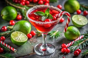 Festive cocktail with mint, cranberries, and lime garnished with candy cane photo