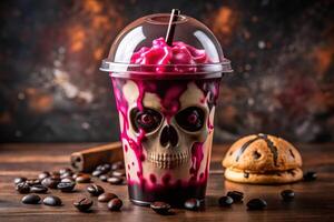 spooky Halloween drink in skull cup, topped with whipped cream and syrup photo