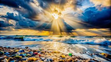 ocean waves crash against shore littered with plastic waste, under dramatic sun rays breaking photo