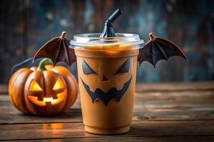 Halloween themed iced coffee cup with spooky decorations and pumpkin photo