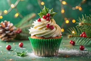 Festive Christmas cupcake with swirled frosting and holiday decorations photo
