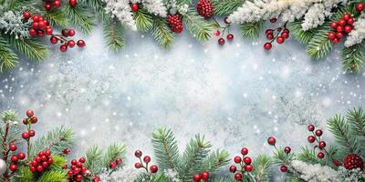 festive Christmas backdrop with snowflakes and greenery creates joyful atmosphere photo