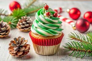 Delightful Christmas cupcake with green and white frosting, festive decor photo