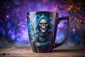 spooky Halloween themed drink cup featuring grim reaper design photo
