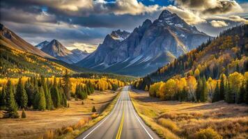 scenic highway winds through vibrant autumn foliage and majestic mountains photo