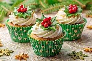 Delightful Christmas themed cupcakes with festive decorations and vibrant colors photo
